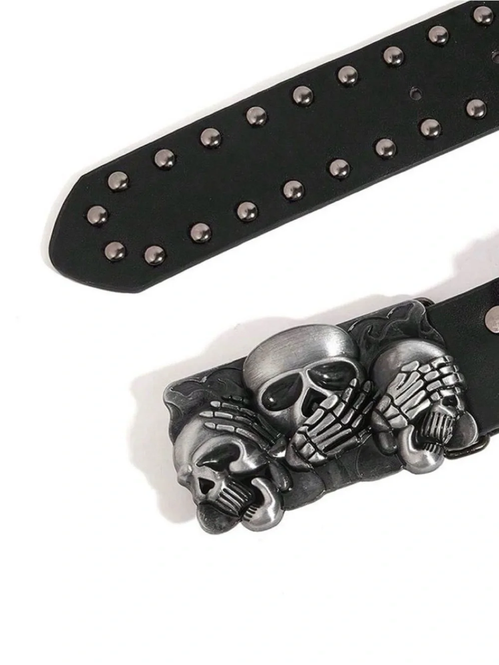 Black Skull Studded Leather Belt with Silver Buckle